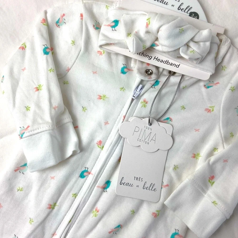 2 piece set NWT 100% Pima cotton baby onesie 3-6 months matching headband
